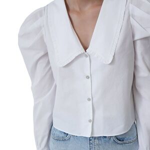 Zara White Cotton Blouse with Puff Sleeves Peter Pan Oversized Collar Preppy